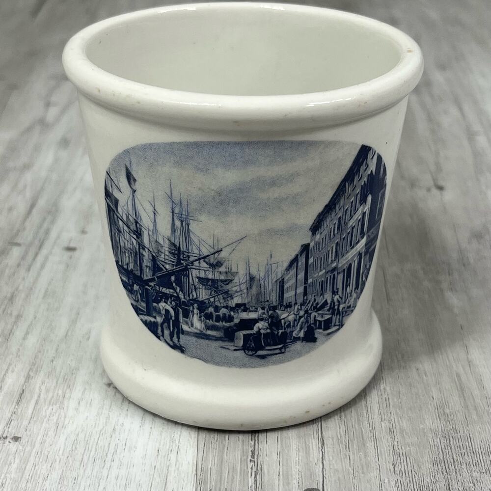 Vintage White Shaving Mug With Busy Ship Dock Scene In Blue